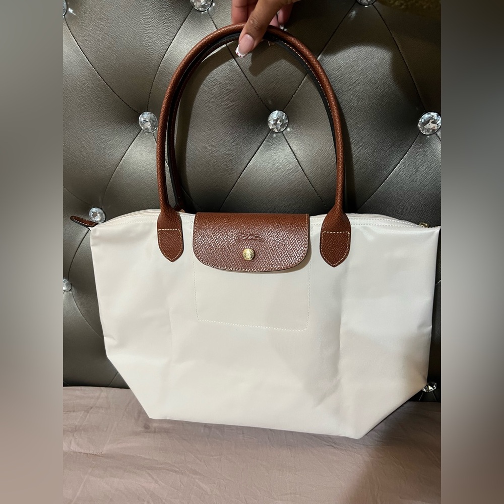 Long Champ White and Brown Tote Bag